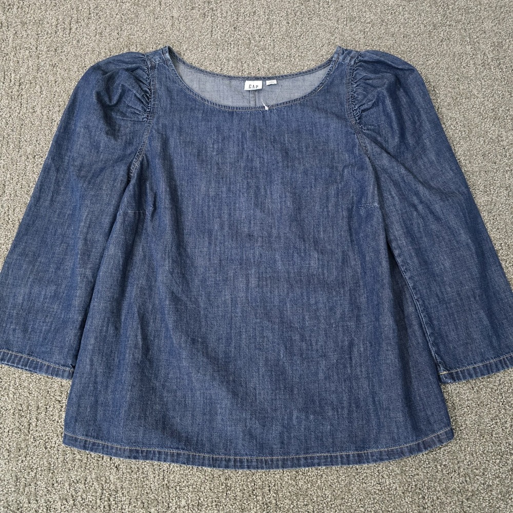 Gap Puff Sleeve Denim Top Medium Chambray Peasant Blouse Cottagecore‎
